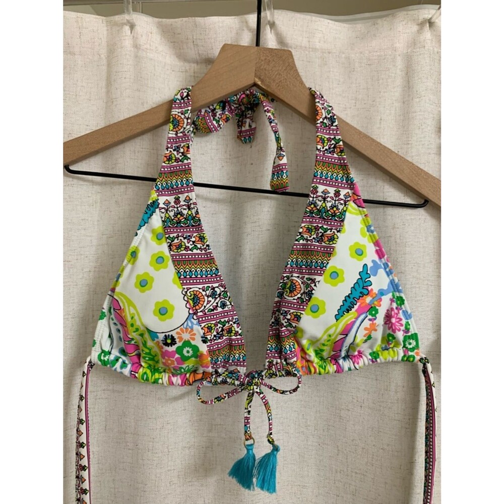 Rod Beattie Bleu Colorful Paisley Halter Bikini Set Tassels Teal Neon Accents 6 - Picture 2 of 10